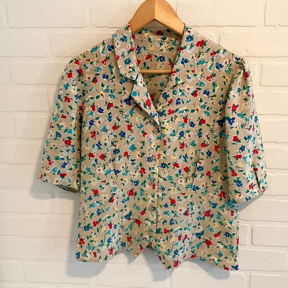 Vintage Button Down shirt Floral Cream Kelly green Red Blue Retro Coquette M - Picture 1 of 7